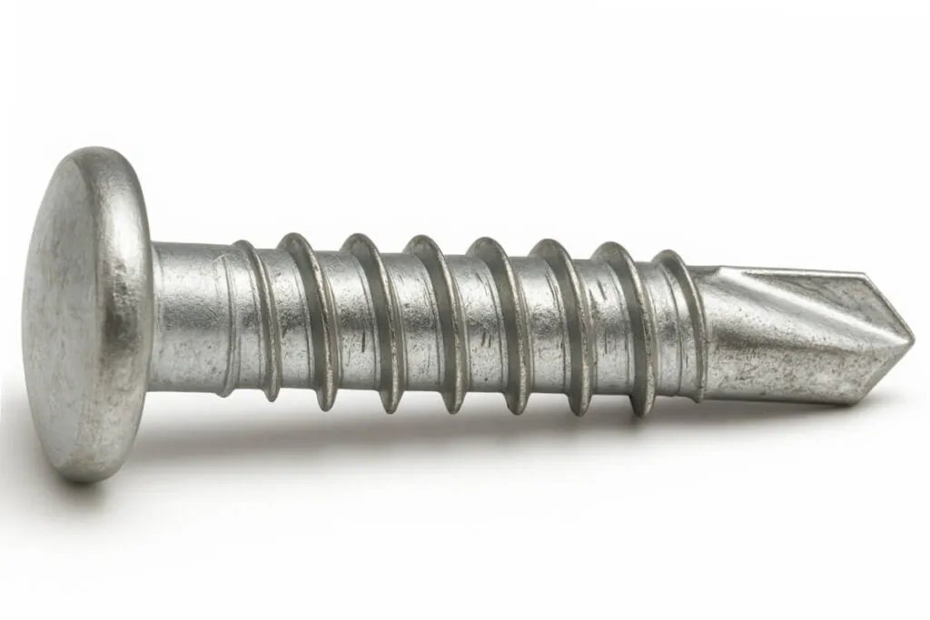 Steel self-drilling screw with drill point tip and visible threads on white background.