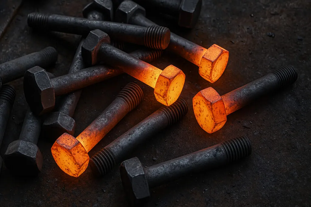 Hot Forging a closeup image of hot forged bolts that have just been manufactured