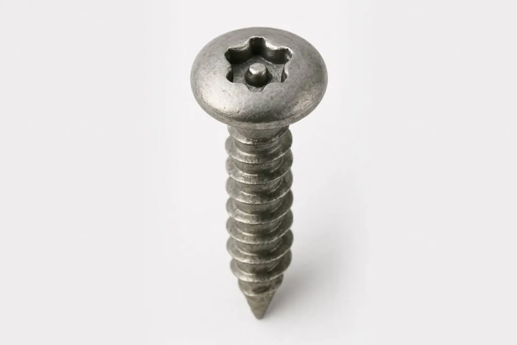 This image shows a single torx security screw on a white background