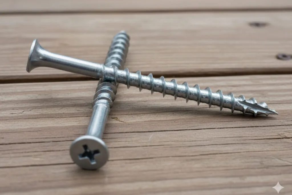 This image shows two corrosion resistant construction screws on a deck