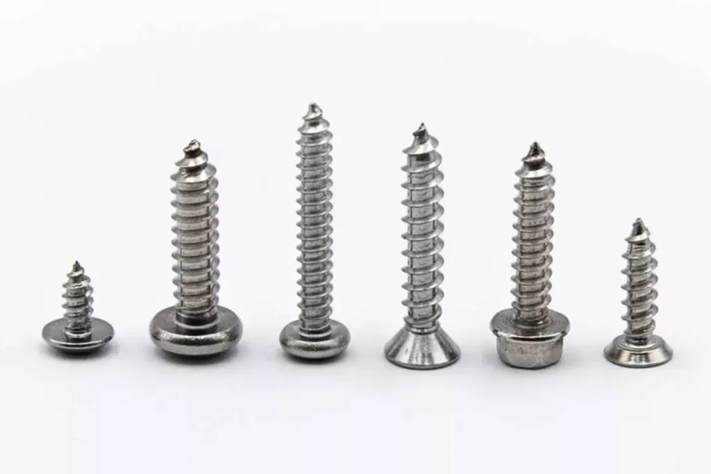 This image shows a line of stainless steel construciton screws of different sizes