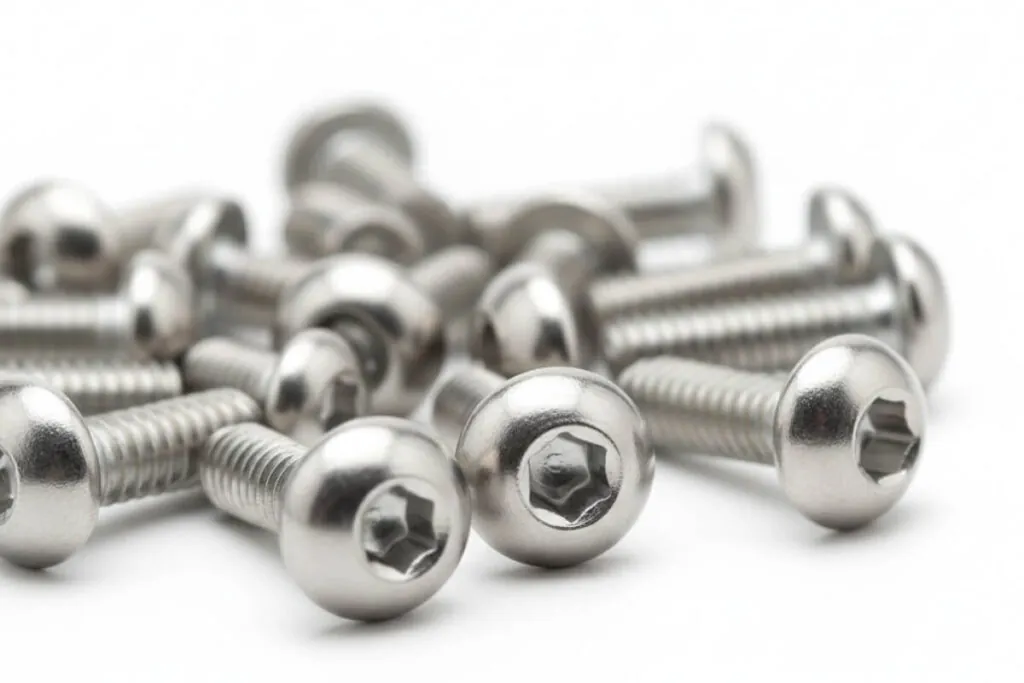 This image shows a group of hex washer head screws on a white background, Taiwan Screw