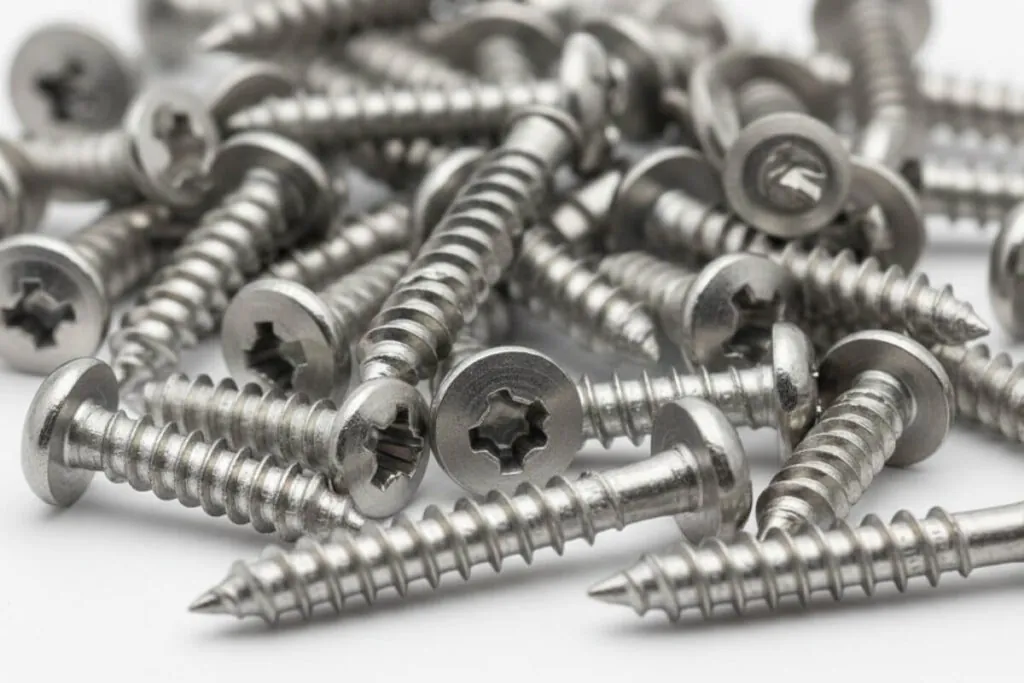 This image shows a group of stainless steel self tapping screws on a white background - Taiwan Screw