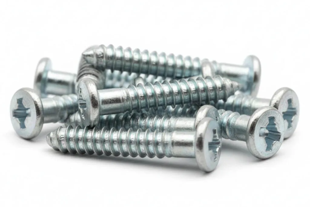 This image shows a group of zinc plated steel screws on a white background - Taiwan Screw
