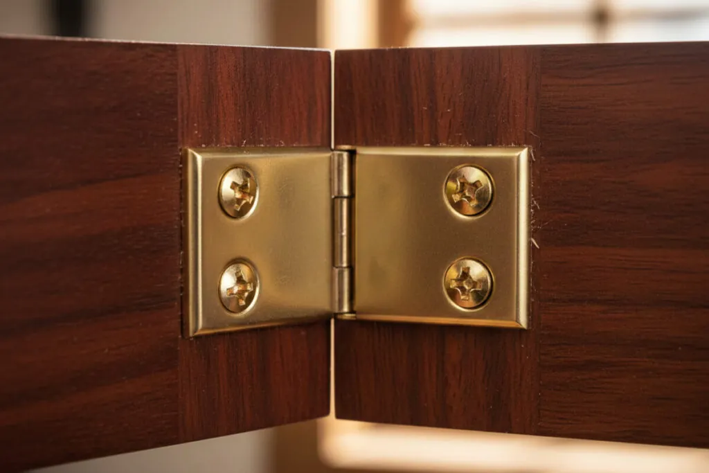 This image shows countersunk wood screews installed int he hinge of a cabinet