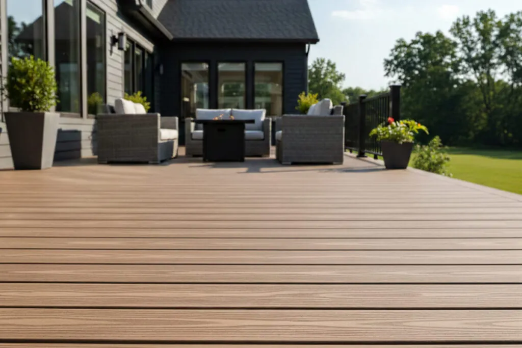 This image shows deck board screws installed in the deck at the back of a house