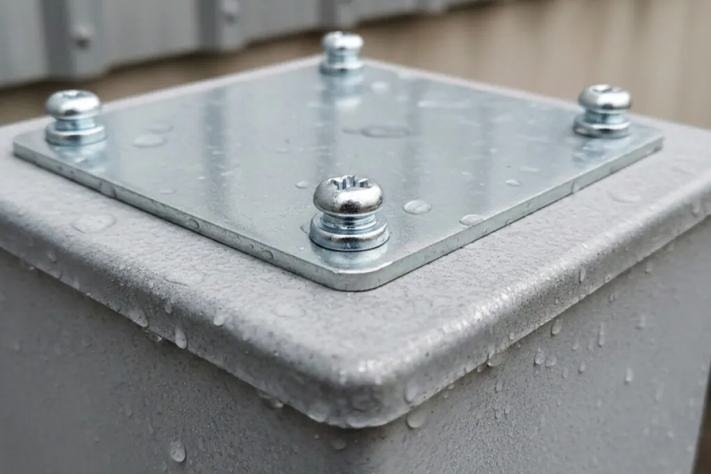 This image shows high corrosion resistance screws installed in the cover of an outlet on a roor