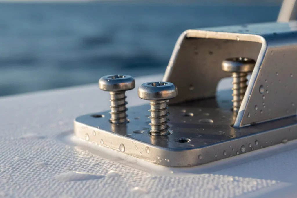 This image shows marine grade stainless steel screws installed in a deck fitting on a boat