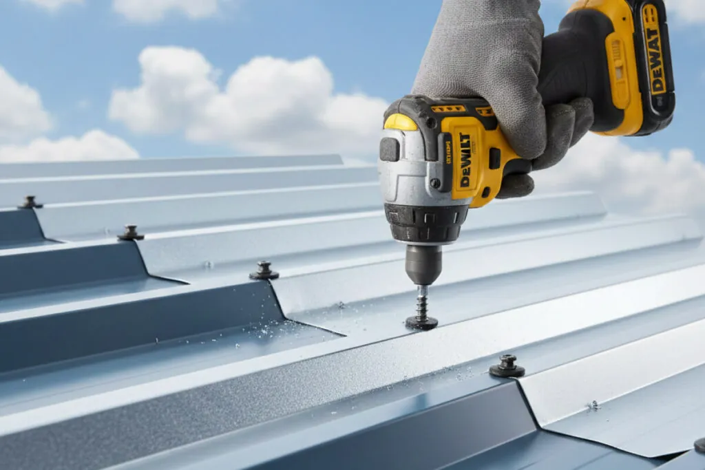 This image shows metal roofing screws installed in a roof