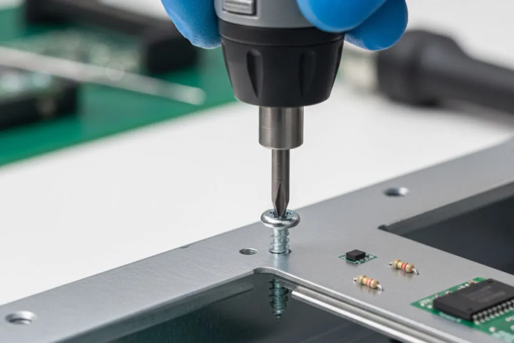 This image shows a sheet metal screw being used in assembly in the electronics manufacturing industry - Cheng Hao - Taiwan Screw manufacturer