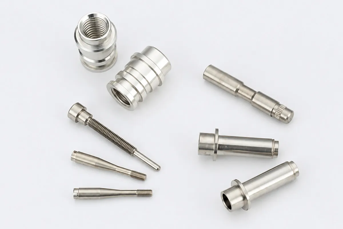 CNC machined threaded bushings, stepped locating pins, and flanged sleeves in stainless steel